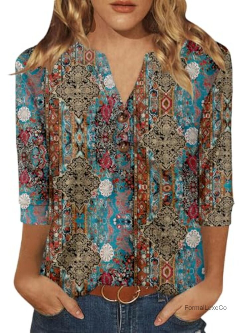 Womens 3/4 Sleeve V Neck Button Down Tunic Top Paisley Blouse